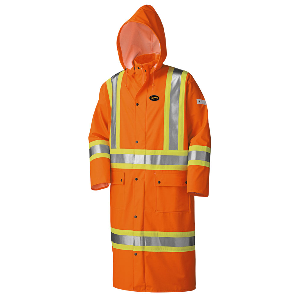 FR Waterproof Hi-Viz Safety Long Coats - PU Stretch - Det. Hood - HV Orange