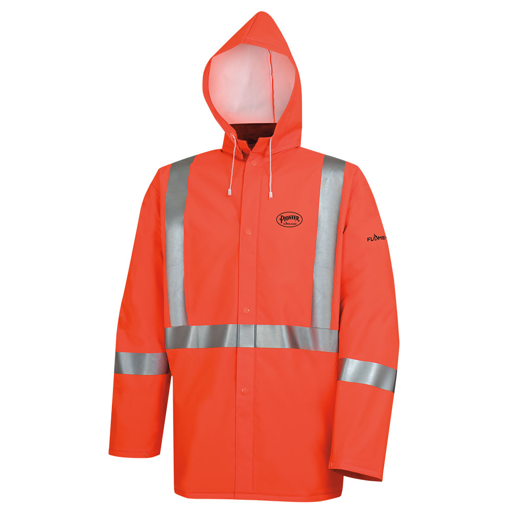 Hi-Viz Flame Resistant Waterproof Rain Jackets - PVC/Polyester/PVC-Hi-Viz Orange