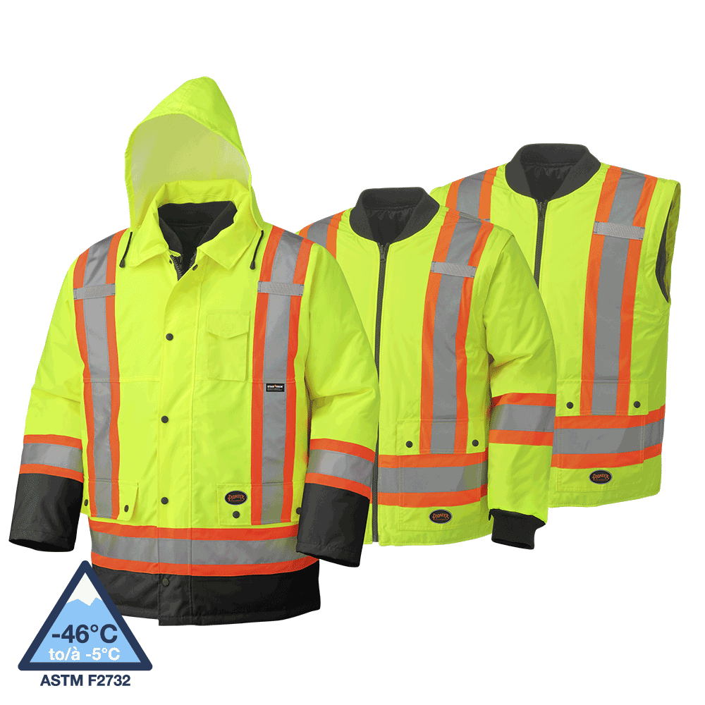 Hi-Viz Wtpf 7-in-1 Sfty Parkas - 300D PU Coated Ox. Poly - Det. Hood - HV Yw/Grn