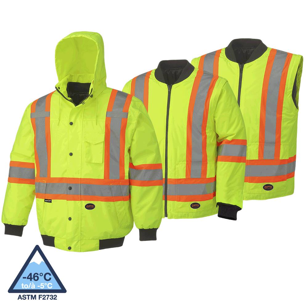 Hi-Viz Wtprf 7-in-1 Sfty Bombers - 300D PU Coated Ox. Poly - Det. Hood - HV Y/Gn
