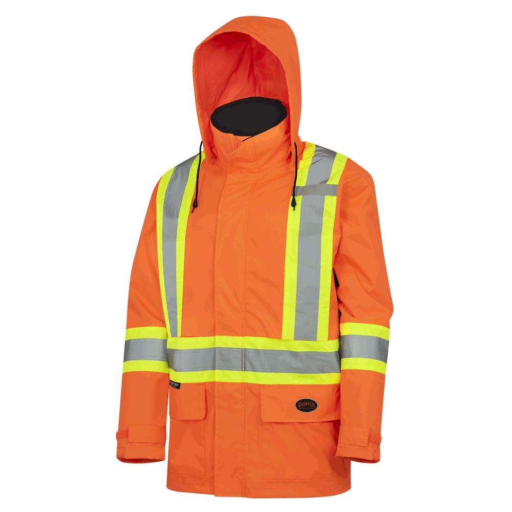 Hi-Viz Wtprf Ltwt Safety Jackets w Det. Hood - 150D PU Coated Poly - HV Orange