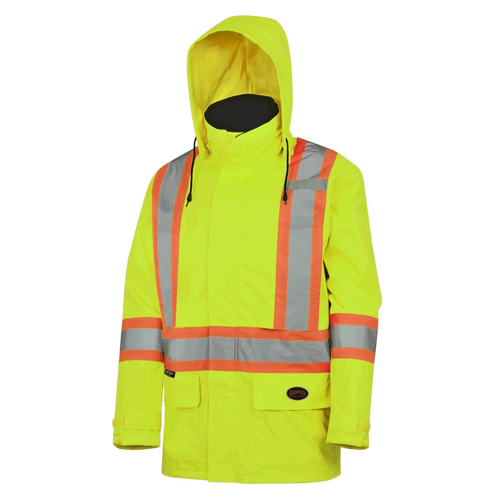 Hi-Viz Wtprf Ltwt Safety Jackets w Det. Hood - 150D PU Coated Poly - HV Ylw/Grn