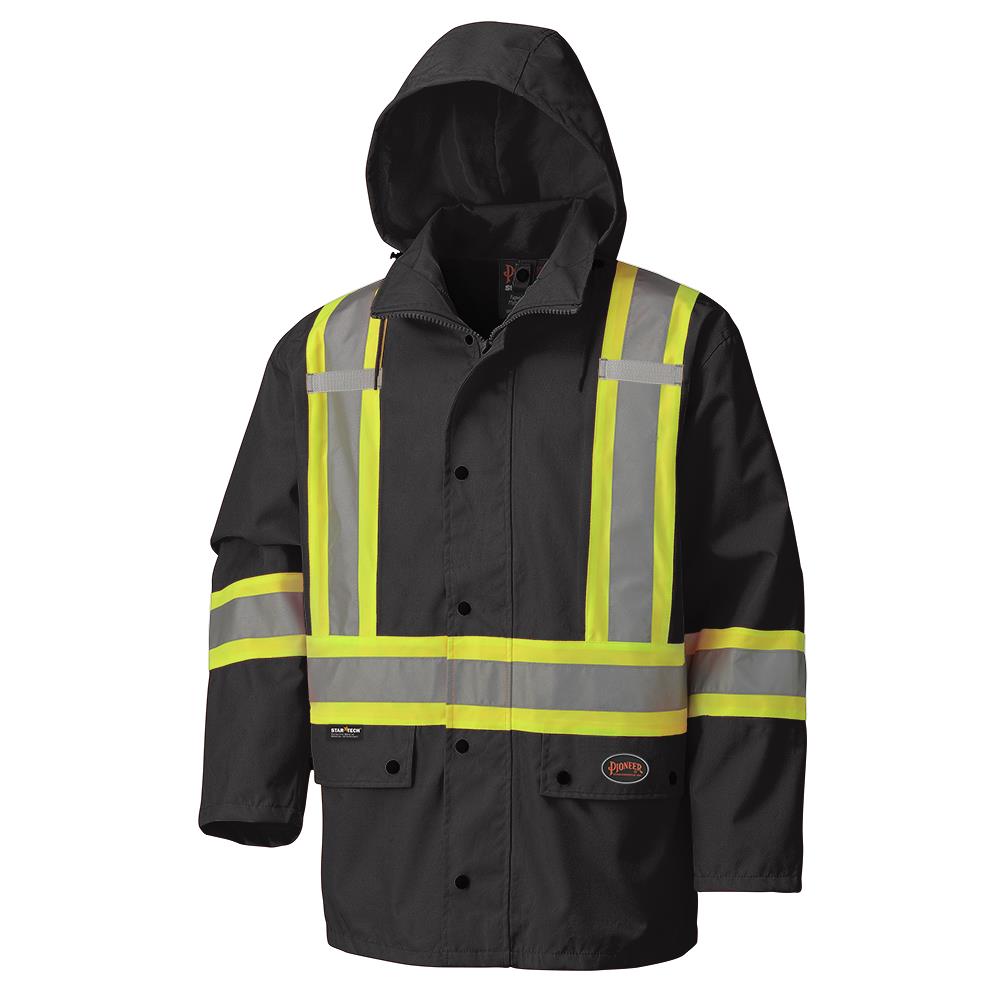 Waterproof Safety Jackets - 450D Oxford Poly with PU Backing - Det. Hood - Black